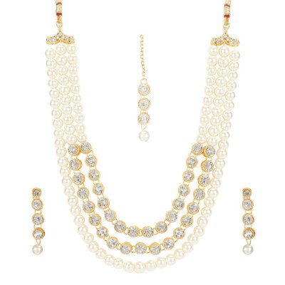 Pearl Traditional Gold Plated Kundan Necklace Set with Maang Tikka