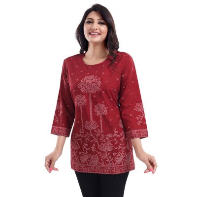 Generic Women's Quarter Sleeve Faux Crepe Printed Short Kurti Tunic Top (Color:Maroon)