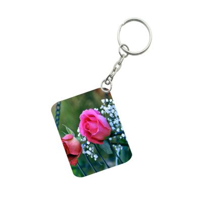 Generic Pack Of 3_ Pink Rose One Side Printed Rectangle Designer Keychain (Pink)