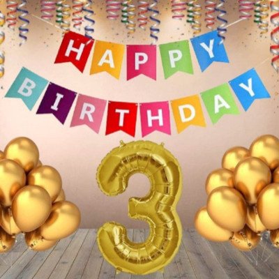 Generic 3Rd Happy Birthday Decoration Combo With Multi Color Banner (Multicolor)