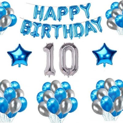 Generic 10Th Happy Birthday Decoration Combo With Foil And Star Balloons (Blue, Silver)